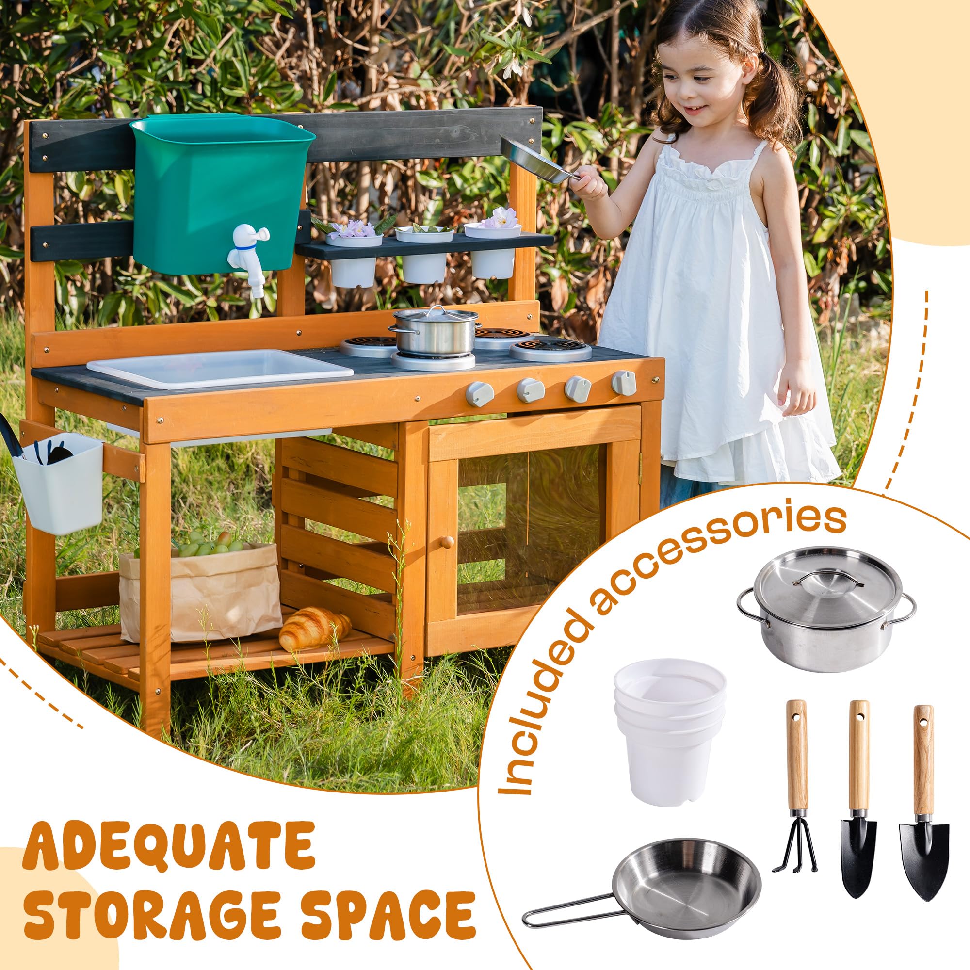 ROBUD Mud Kitchen for Kids Outdoor, BBQ Grill Solid Wood Outdoor Play Kitchen, Green Kids Mud Kitchen with Working Water Tap, Blackboard, Garden Sink, Monteeori Toys for Children Ages 3+, WH003-2
