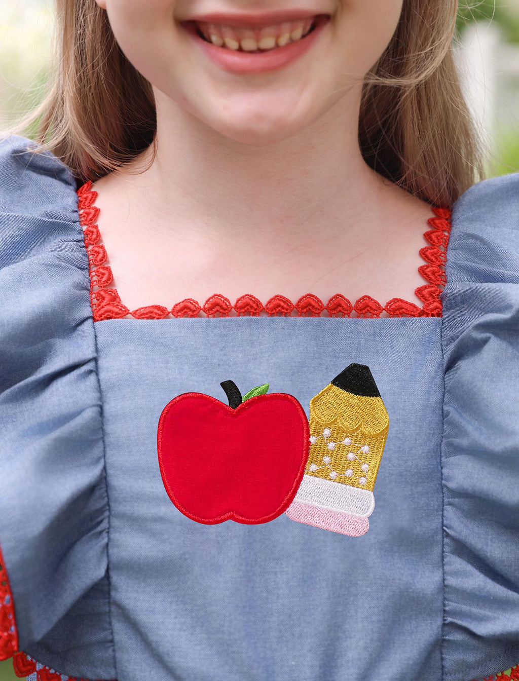 IMEKIS Toddler Kids Girls Back to School Dress Embroidered Apple Pencil Ruffle Sleeve Clothes 3-8T