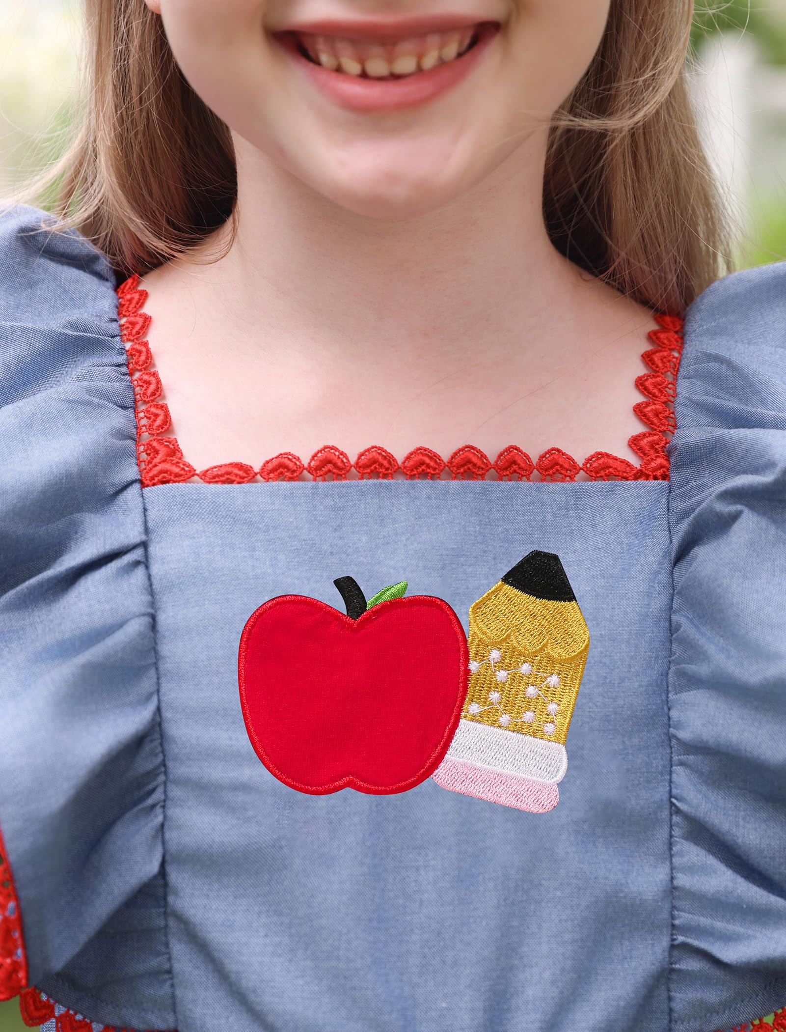 IMEKIS Toddler Kids Girls Back to School Dress Embroidered Apple Pencil Ruffle Sleeve Clothes 3-8T