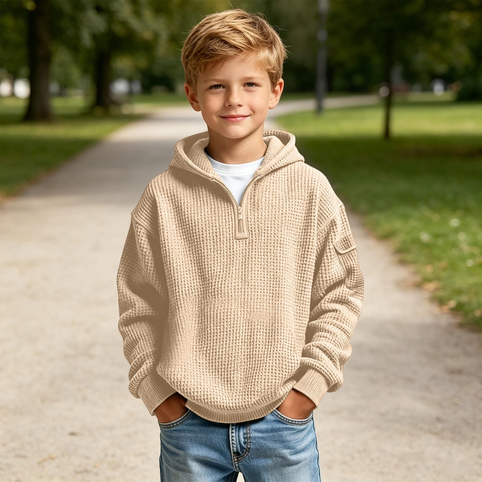 Hoodies for Boys Quarter Zip Waffle Knit Pullover Hooded Sweatshirt Tops | 3-14 Years,Kids Zip Long Sleeve Hoodie,Teen Boy Fashion Fall Winter Casual Sweatshirts,Back to School Clothes