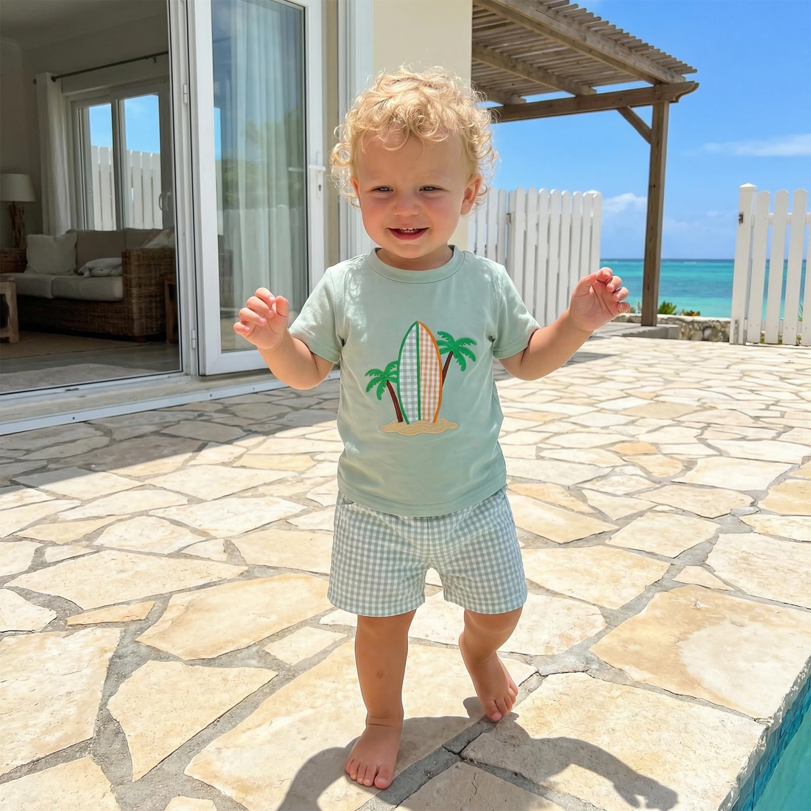 Bagilaanoe Toddler Baby Boy Short Sleeve T-Shirt+ Plaid Shorts Set Castle Embroidery Outfit Beach Clothes 2PCS Set