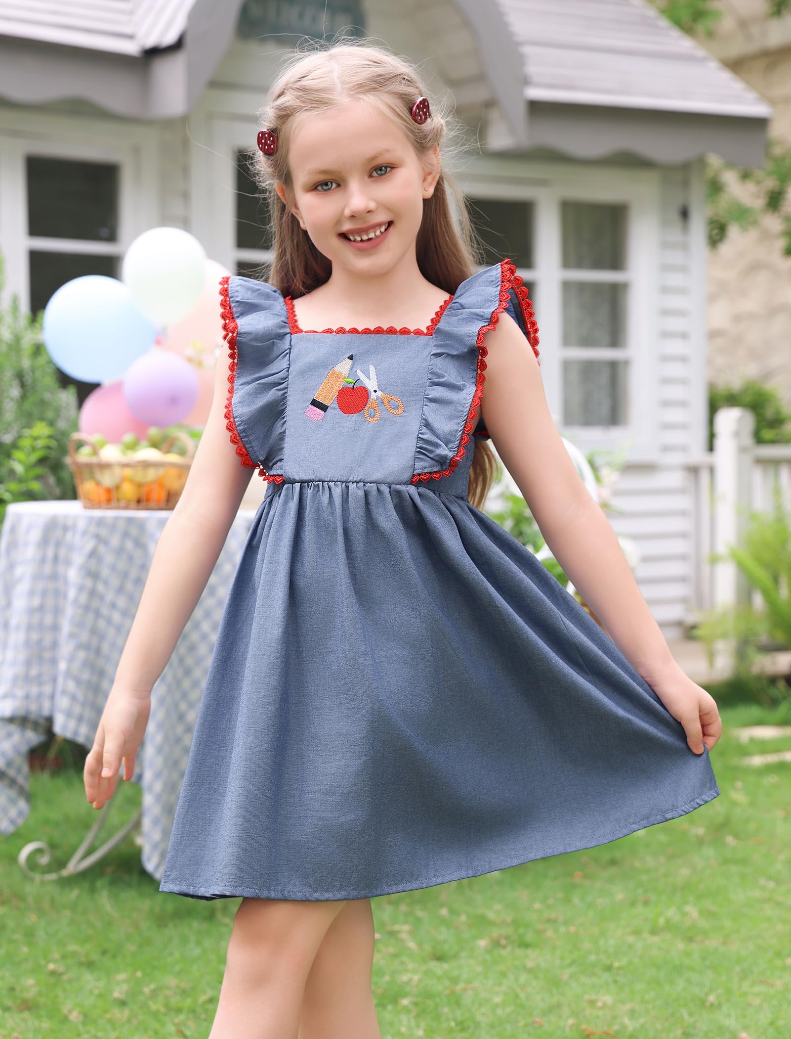 IMEKIS Toddler Kids Girls Back to School Dress Embroidered Apple Pencil Ruffle Sleeve Clothes 3-8T
