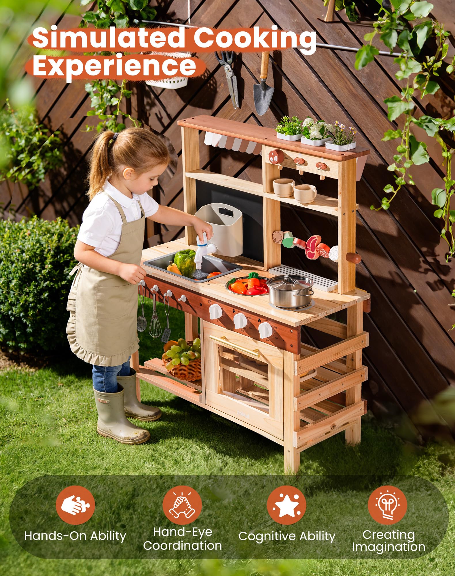ROBUD Mud Kitchen for Kids Outdoor, BBQ Grill Solid Wood Outdoor Play Kitchen, Green Kids Mud Kitchen with Working Water Tap, Blackboard, Garden Sink, Monteeori Toys for Children Ages 3+, WH003-2