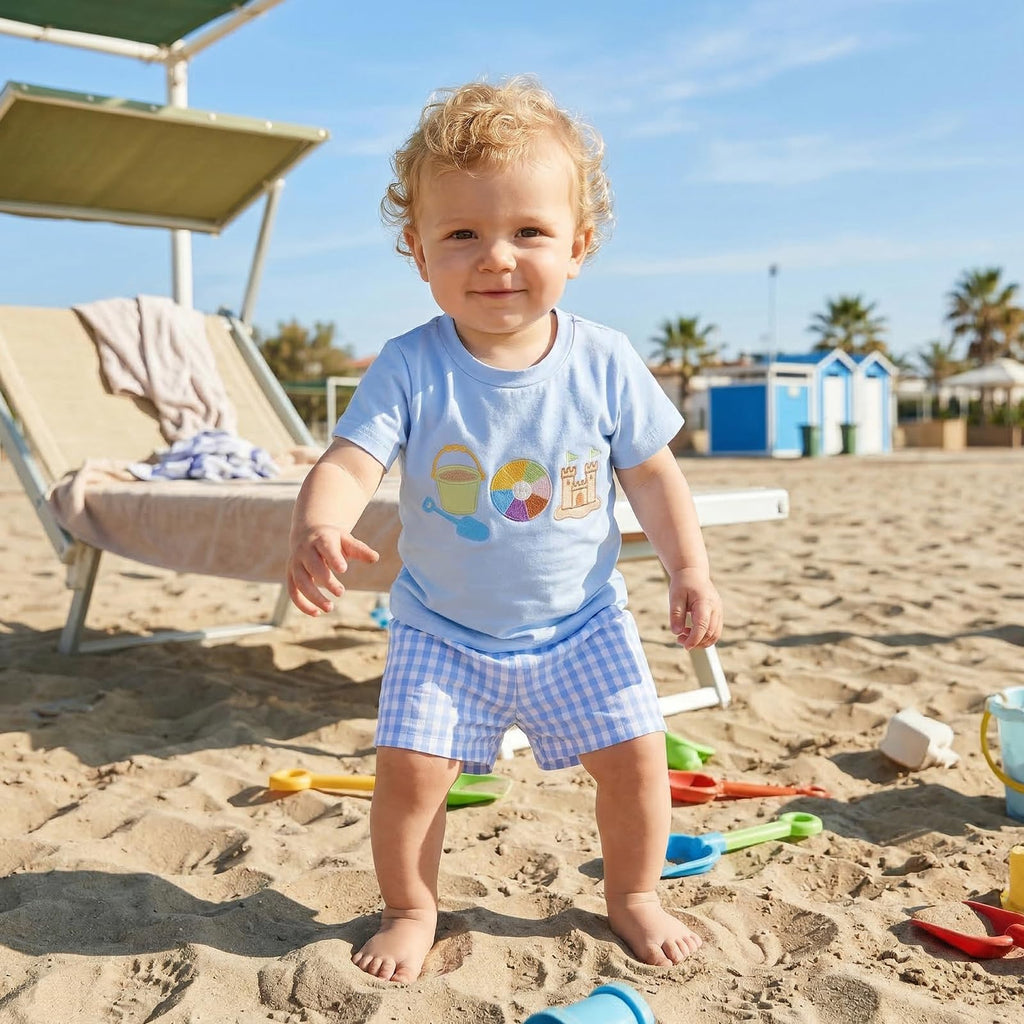 Bagilaanoe Toddler Baby Boy Short Sleeve T-Shirt+ Plaid Shorts Set Castle Embroidery Outfit Beach Clothes 2PCS Set
