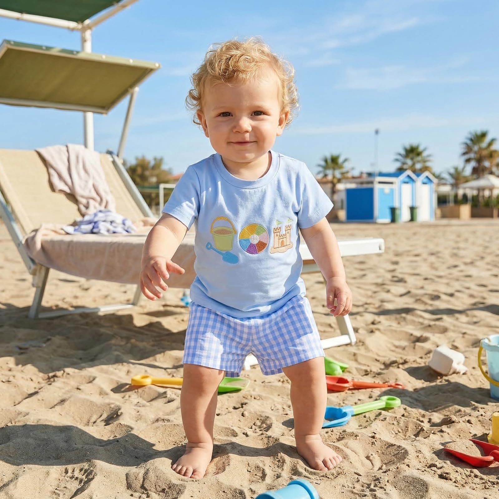Bagilaanoe Toddler Baby Boy Short Sleeve T-Shirt+ Plaid Shorts Set Castle Embroidery Outfit Beach Clothes 2PCS Set