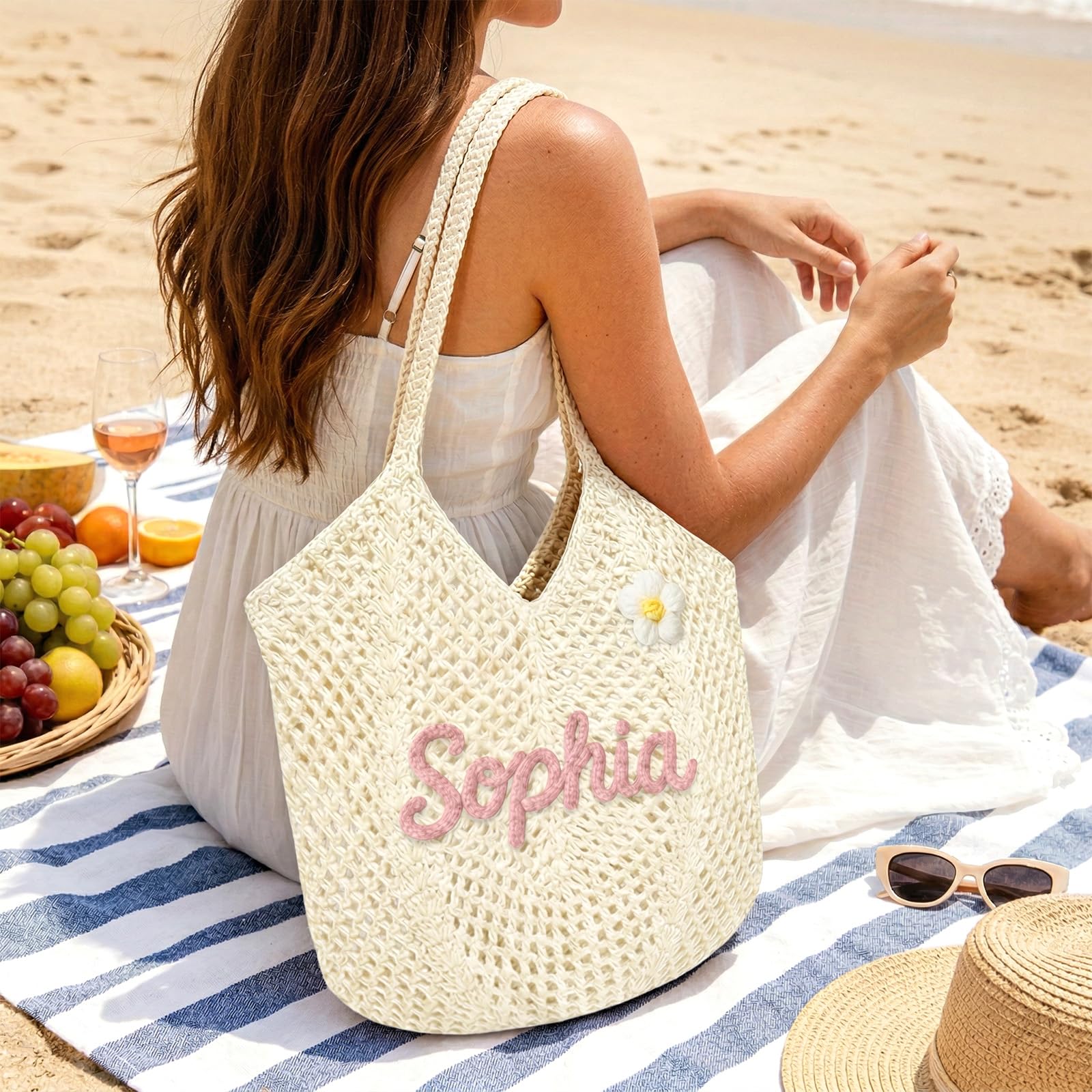 Terwex Personalized Crochet Beach Bag for Women, Boho Summer Bag with Name & Pattern, Foldable Lightweight Travel Bag Gifts
