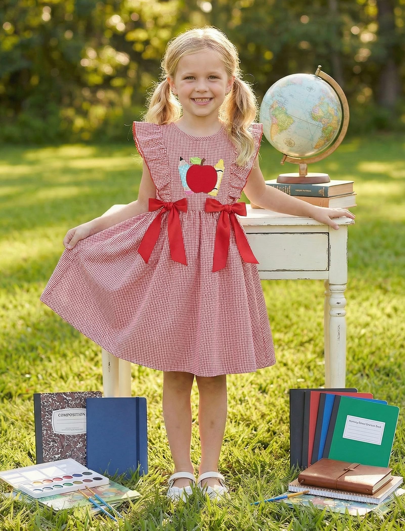 IMEKIS Toddler Kids Girls Back to School Dress, Ruffle Sleeve Embroidered Apple Pencil Kindergarten Outfit 3-8T