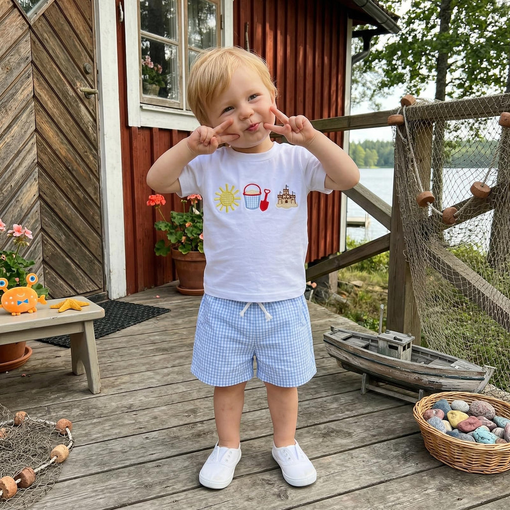 Bagilaanoe Toddler Baby Boy Short Sleeve T-Shirt+ Plaid Shorts Set Castle Embroidery Outfit Beach Clothes 2PCS Set