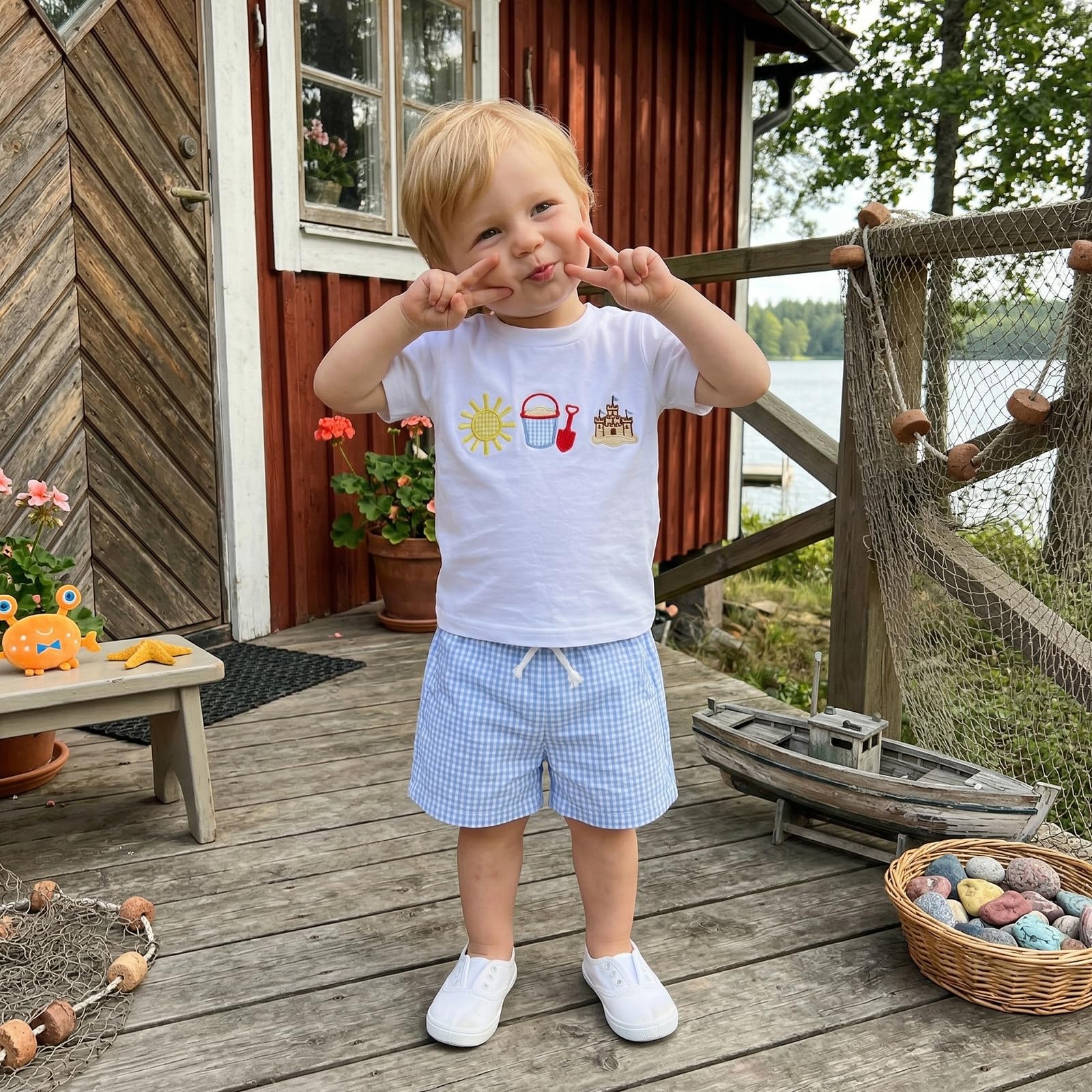 Bagilaanoe Toddler Baby Boy Short Sleeve T-Shirt+ Plaid Shorts Set Castle Embroidery Outfit Beach Clothes 2PCS Set