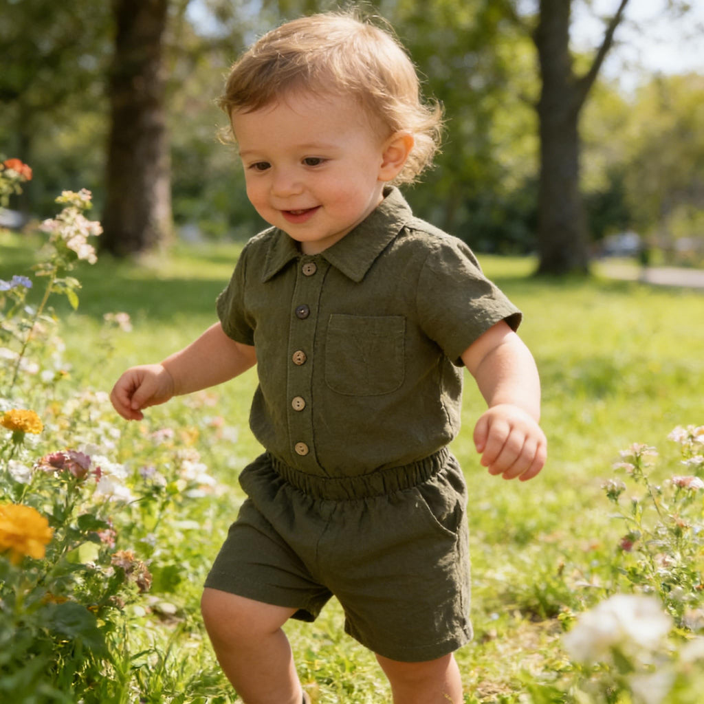 Toddler Boys Girls 2Pcs Linen Clothes Set Button Down Short Sleeve Polo Shirt+Elastic Gauze Shorts Summer Outfit