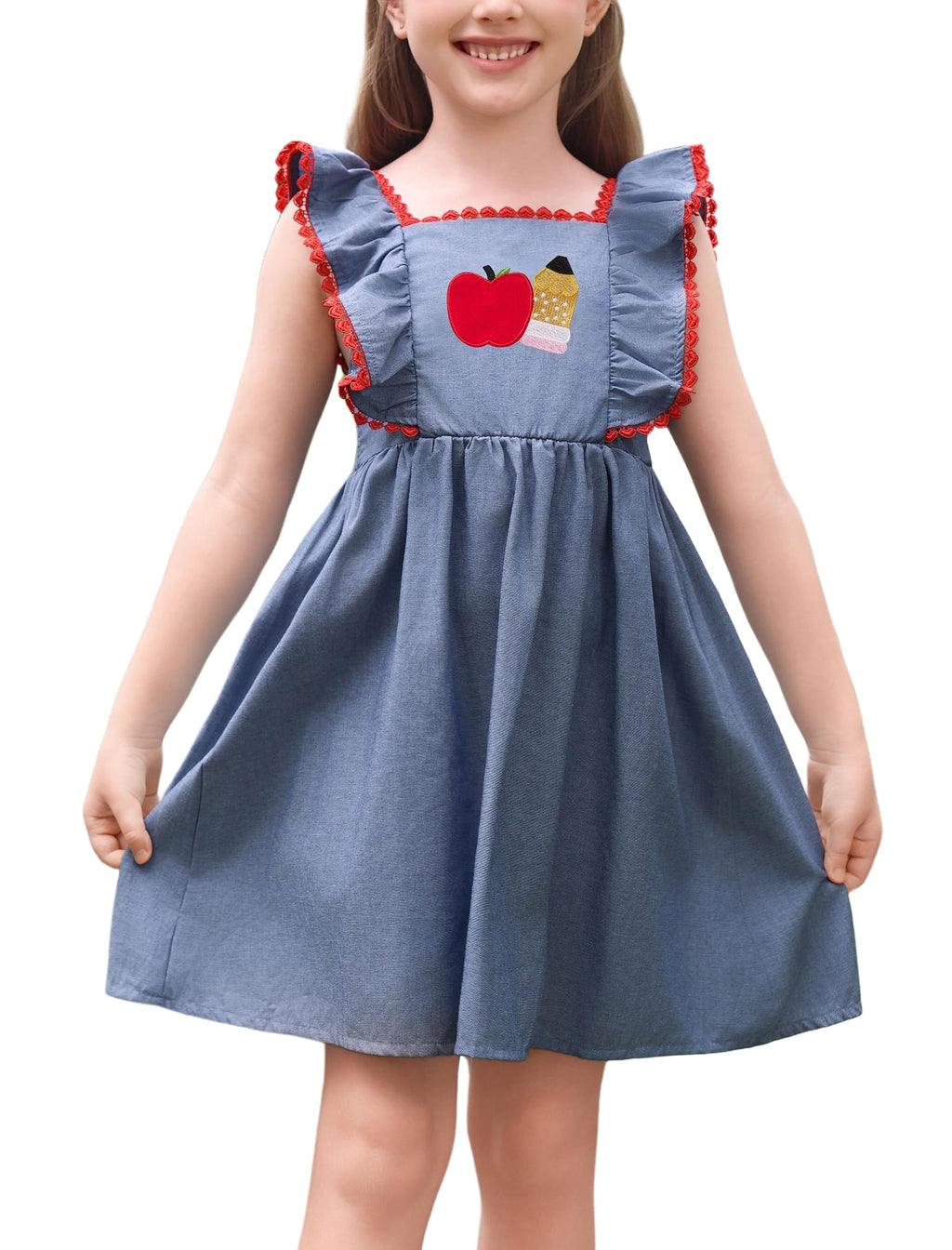 IMEKIS Toddler Kids Girls Back to School Dress Embroidered Apple Pencil Ruffle Sleeve Clothes 3-8T