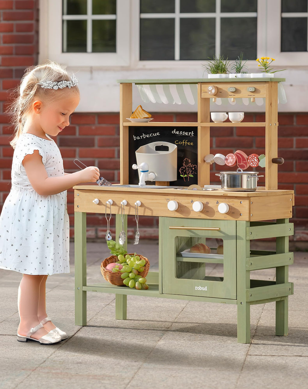 ROBUD Mud Kitchen for Kids Outdoor, BBQ Grill Solid Wood Outdoor Play Kitchen, Green Kids Mud Kitchen with Working Water Tap, Blackboard, Garden Sink, Monteeori Toys for Children Ages 3+, WH003-2