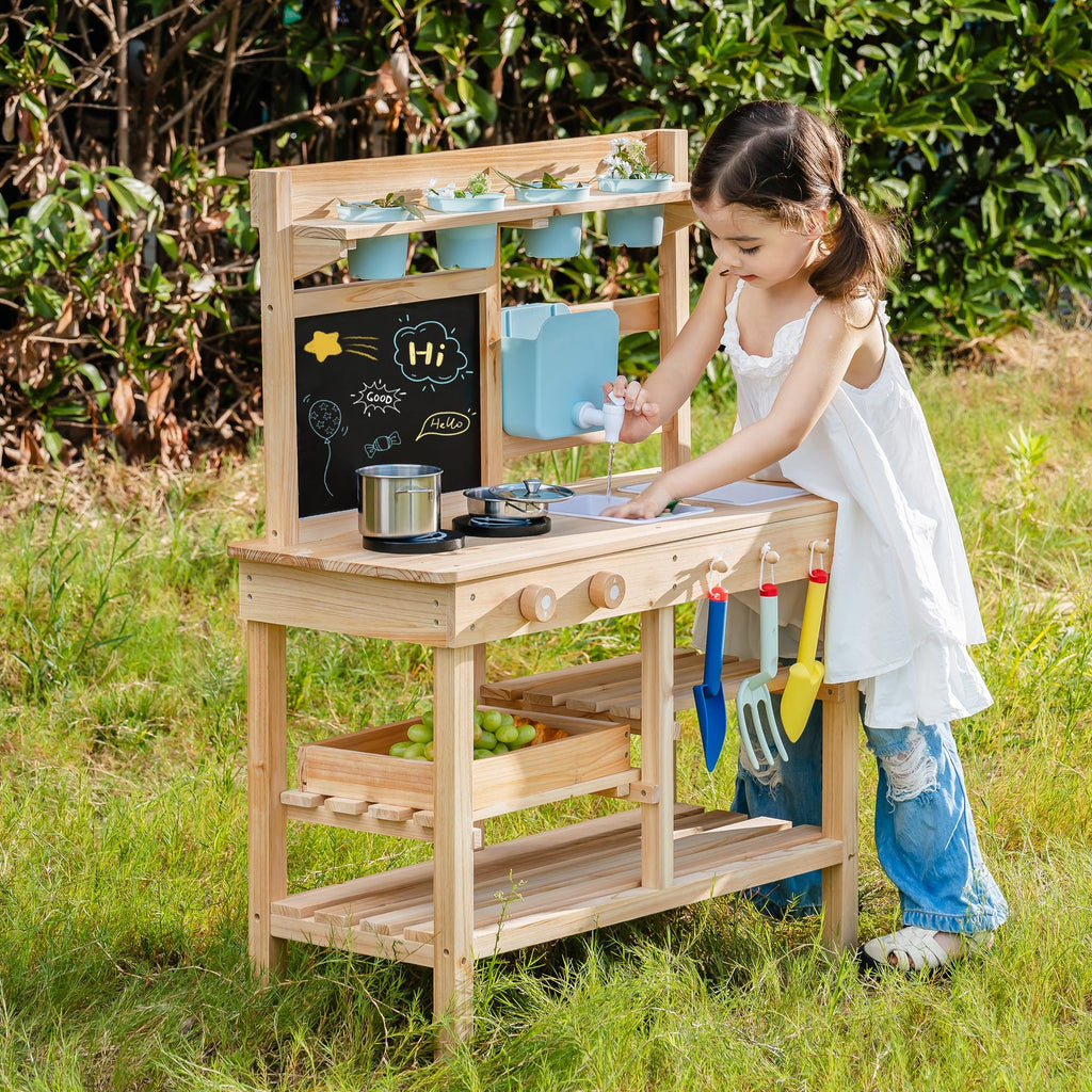 ROBUD Mud Kitchen for Kids Outdoor, BBQ Grill Solid Wood Outdoor Play Kitchen, Green Kids Mud Kitchen with Working Water Tap, Blackboard, Garden Sink, Monteeori Toys for Children Ages 3+, WH003-2