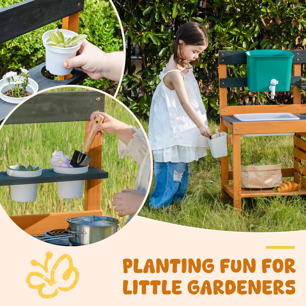 ROBUD Mud Kitchen for Kids Outdoor, BBQ Grill Solid Wood Outdoor Play Kitchen, Green Kids Mud Kitchen with Working Water Tap, Blackboard, Garden Sink, Monteeori Toys for Children Ages 3+, WH003-2