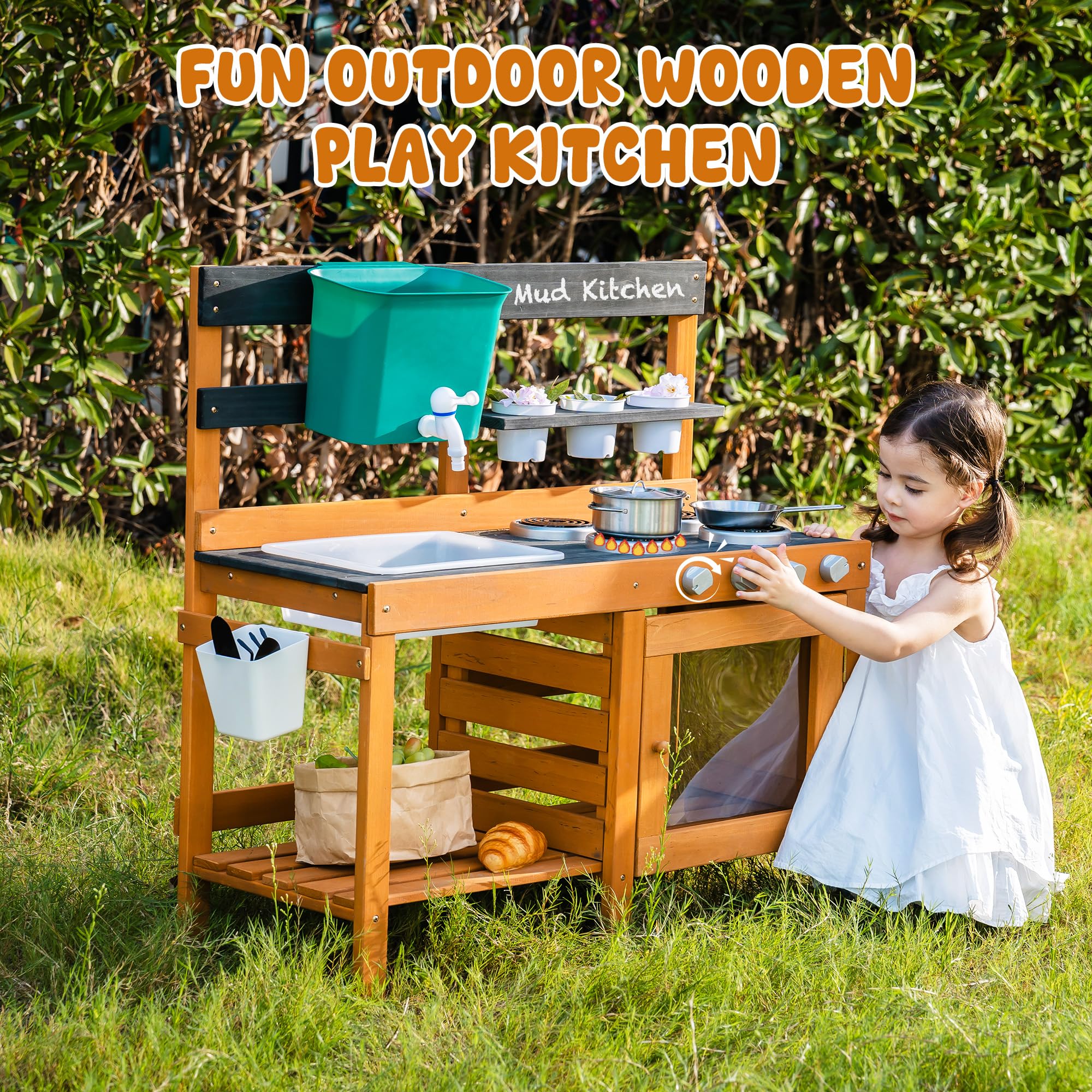 ROBUD Mud Kitchen for Kids Outdoor, BBQ Grill Solid Wood Outdoor Play Kitchen, Green Kids Mud Kitchen with Working Water Tap, Blackboard, Garden Sink, Monteeori Toys for Children Ages 3+, WH003-2