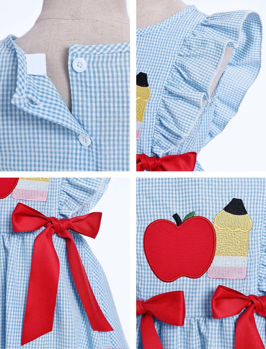 IMEKIS Toddler Kids Girls Back to School Dress, Ruffle Sleeve Embroidered Apple Pencil Kindergarten Outfit 3-8T