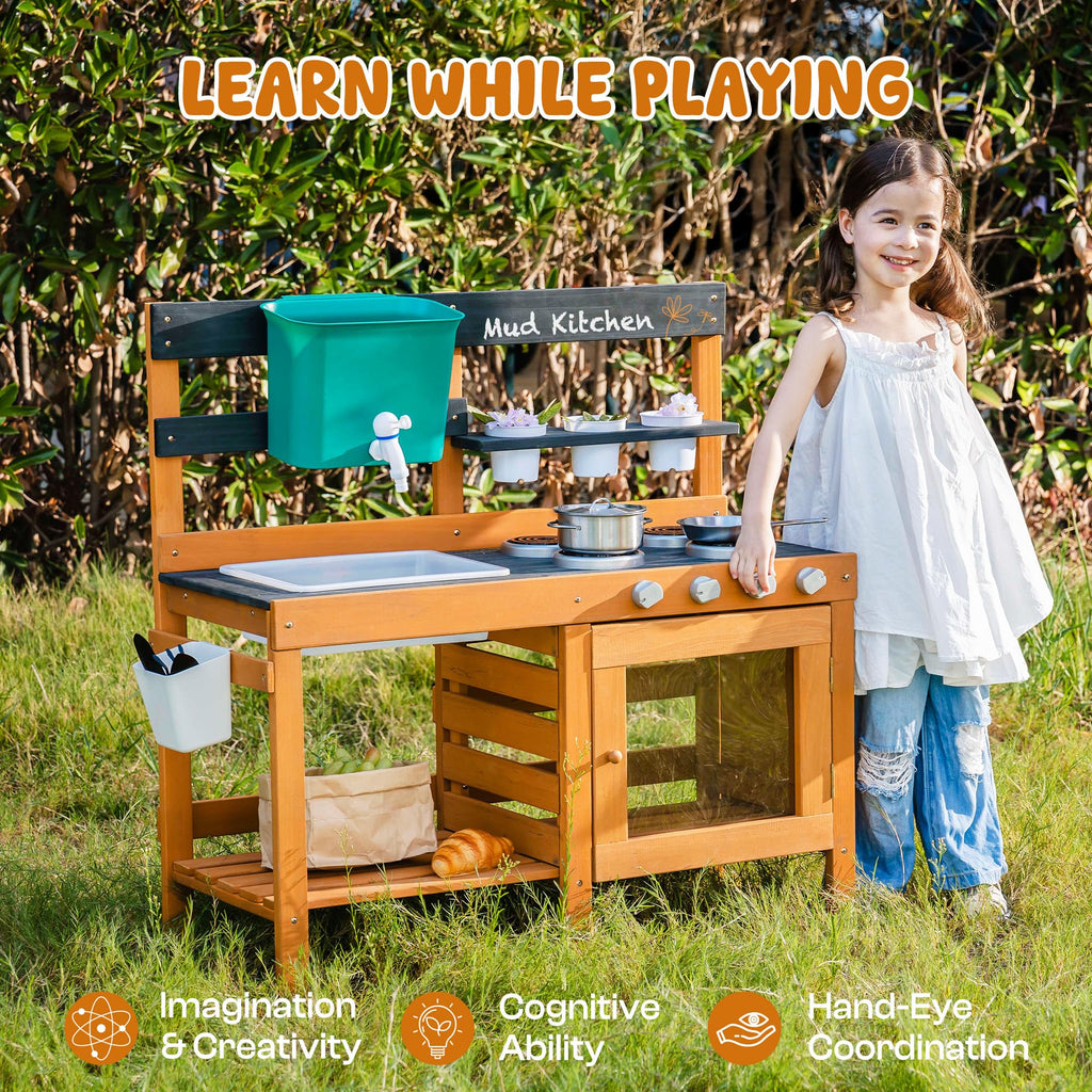 ROBUD Mud Kitchen for Kids Outdoor, BBQ Grill Solid Wood Outdoor Play Kitchen, Green Kids Mud Kitchen with Working Water Tap, Blackboard, Garden Sink, Monteeori Toys for Children Ages 3+, WH003-2