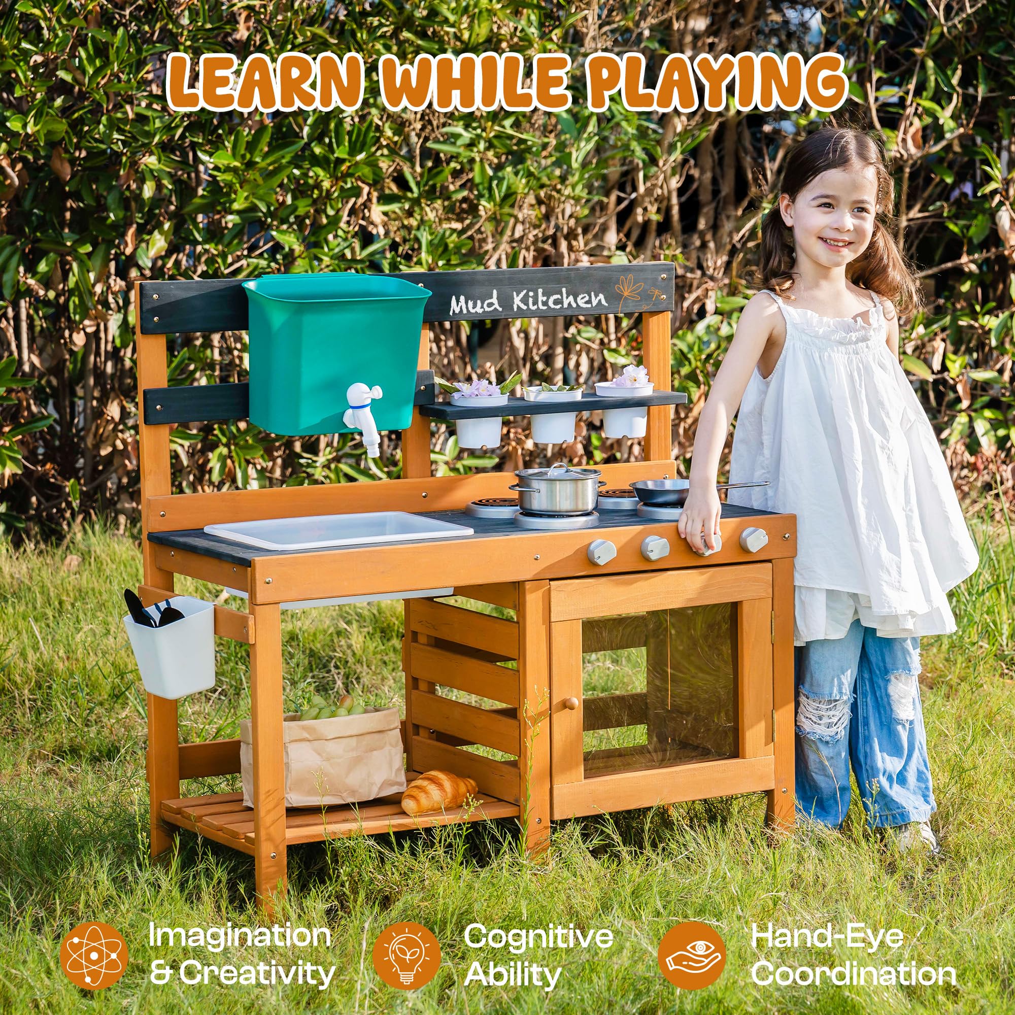 ROBUD Mud Kitchen for Kids Outdoor, BBQ Grill Solid Wood Outdoor Play Kitchen, Green Kids Mud Kitchen with Working Water Tap, Blackboard, Garden Sink, Monteeori Toys for Children Ages 3+, WH003-2