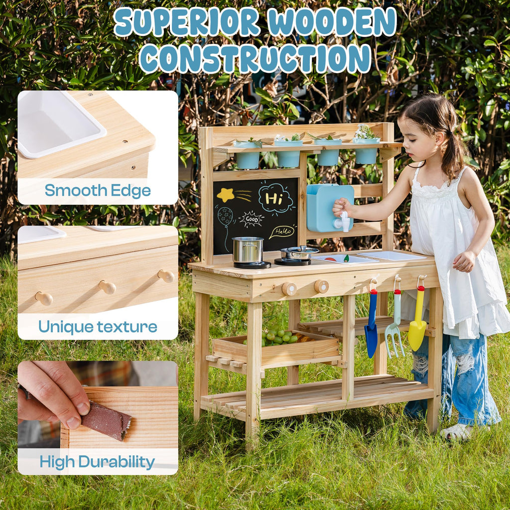 ROBUD Mud Kitchen for Kids Outdoor, BBQ Grill Solid Wood Outdoor Play Kitchen, Green Kids Mud Kitchen with Working Water Tap, Blackboard, Garden Sink, Monteeori Toys for Children Ages 3+, WH003-2
