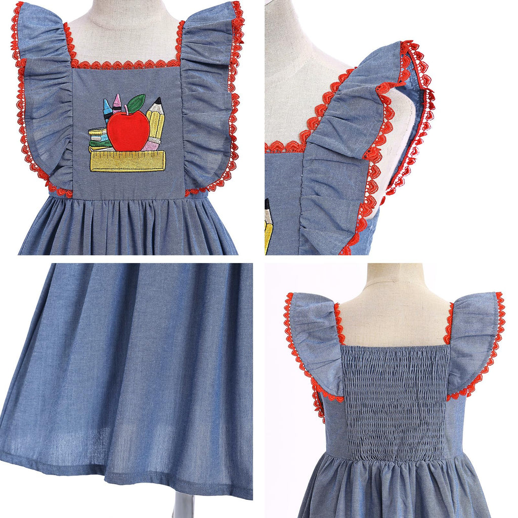IMEKIS Toddler Kids Girls Back to School Dress Embroidered Apple Pencil Ruffle Sleeve Clothes 3-8T