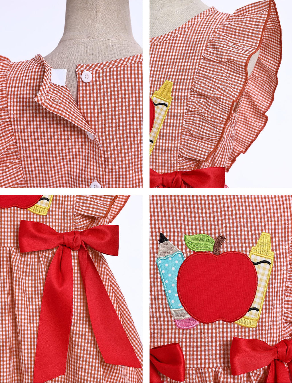 IMEKIS Toddler Kids Girls Back to School Dress, Ruffle Sleeve Embroidered Apple Pencil Kindergarten Outfit 3-8T