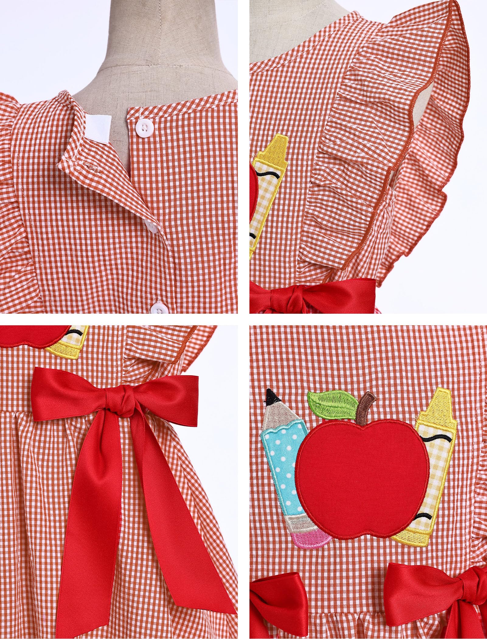 IMEKIS Toddler Kids Girls Back to School Dress, Ruffle Sleeve Embroidered Apple Pencil Kindergarten Outfit 3-8T