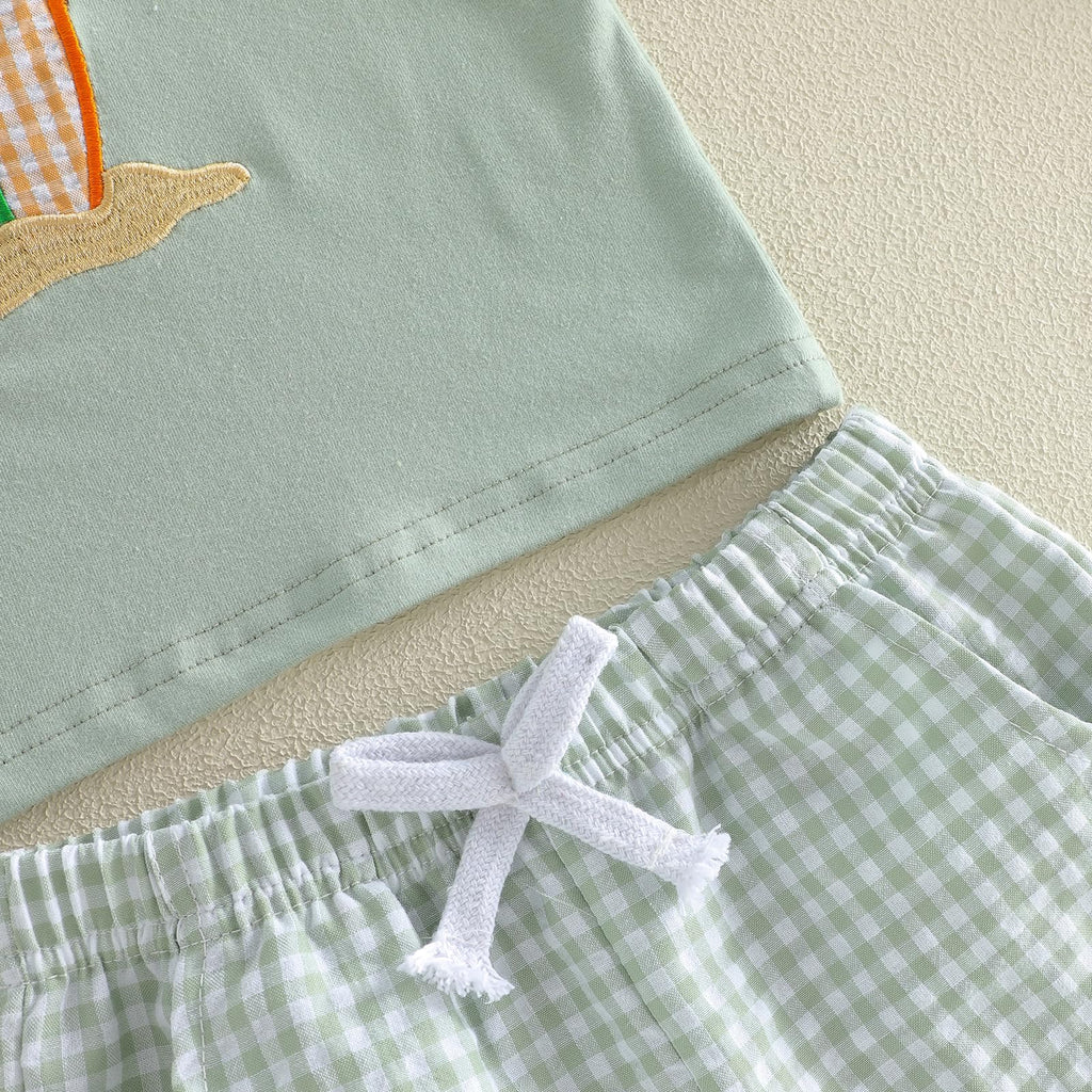 Bagilaanoe Toddler Baby Boy Short Sleeve T-Shirt+ Plaid Shorts Set Castle Embroidery Outfit Beach Clothes 2PCS Set
