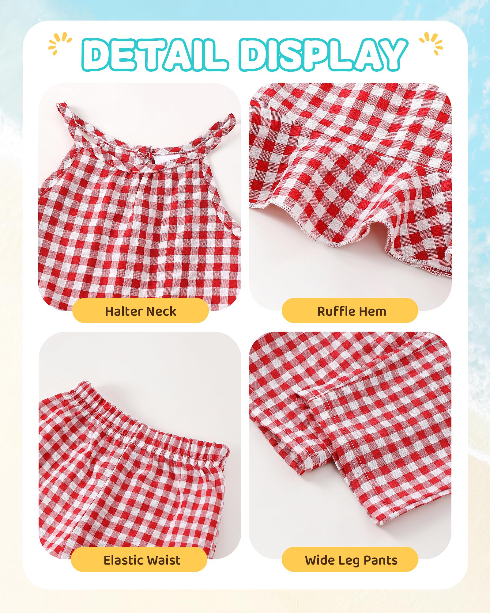 Kucnuzki Baby Girl Clothes Toddler Girl Summer Outfits Sleeveless Ruffle Halter Tops Wide Leg Pants Kids Clothing Set