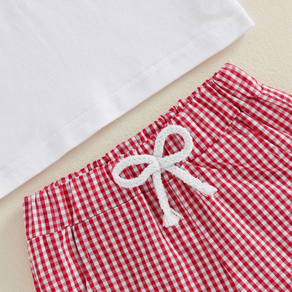 Bagilaanoe Toddler Baby Boy Short Sleeve T-Shirt+ Plaid Shorts Set Castle Embroidery Outfit Beach Clothes 2PCS Set
