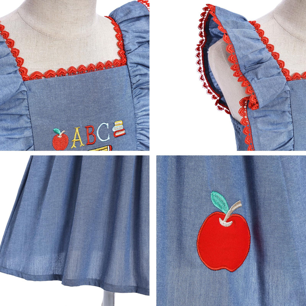 IMEKIS Toddler Kids Girls Back to School Dress Embroidered Apple Pencil Ruffle Sleeve Clothes 3-8T