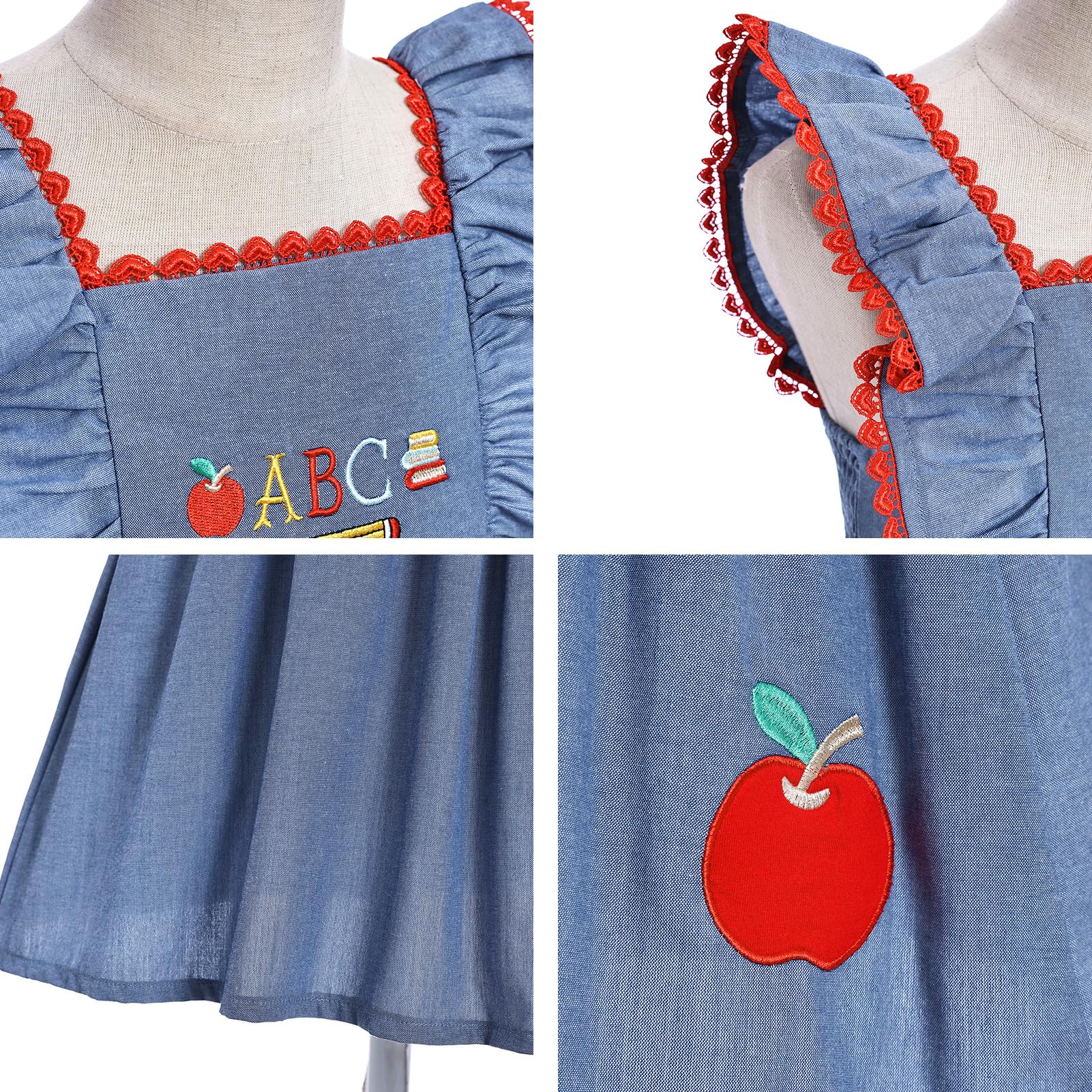 IMEKIS Toddler Kids Girls Back to School Dress Embroidered Apple Pencil Ruffle Sleeve Clothes 3-8T
