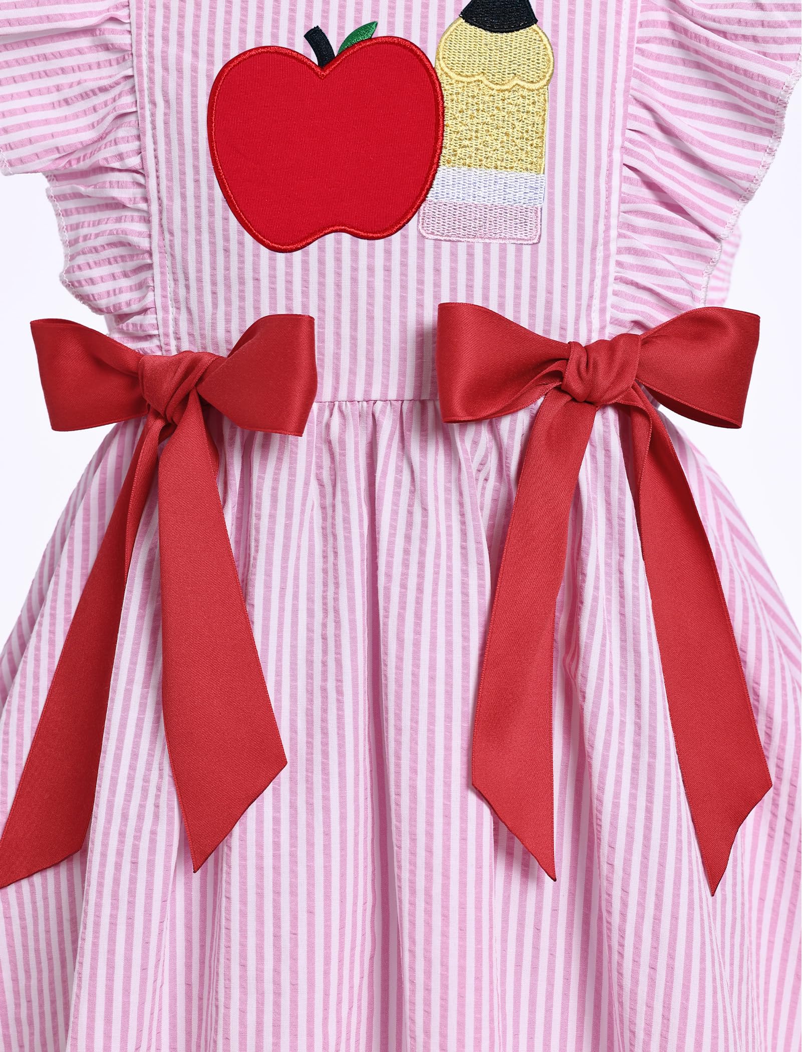 IMEKIS Toddler Kids Girls Back to School Dress, Ruffle Sleeve Embroidered Apple Pencil Kindergarten Outfit 3-8T