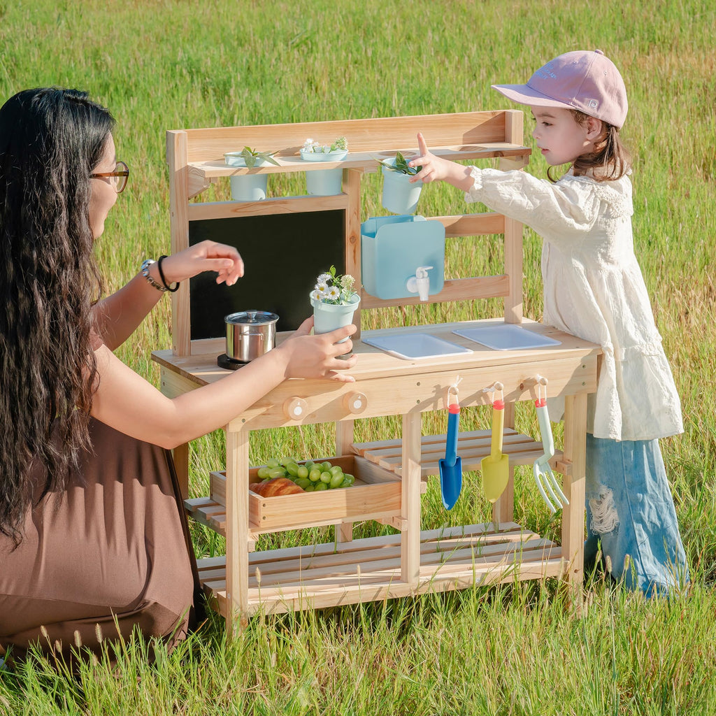 ROBUD Mud Kitchen for Kids Outdoor, BBQ Grill Solid Wood Outdoor Play Kitchen, Green Kids Mud Kitchen with Working Water Tap, Blackboard, Garden Sink, Monteeori Toys for Children Ages 3+, WH003-2