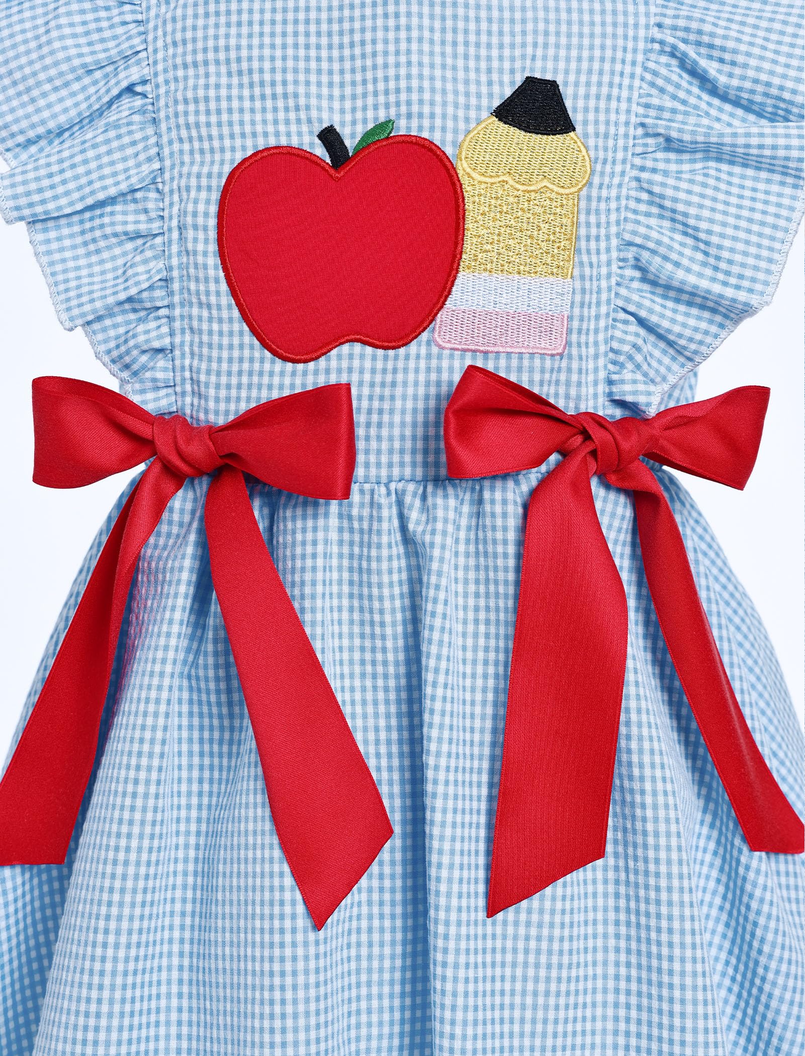 IMEKIS Toddler Kids Girls Back to School Dress, Ruffle Sleeve Embroidered Apple Pencil Kindergarten Outfit 3-8T