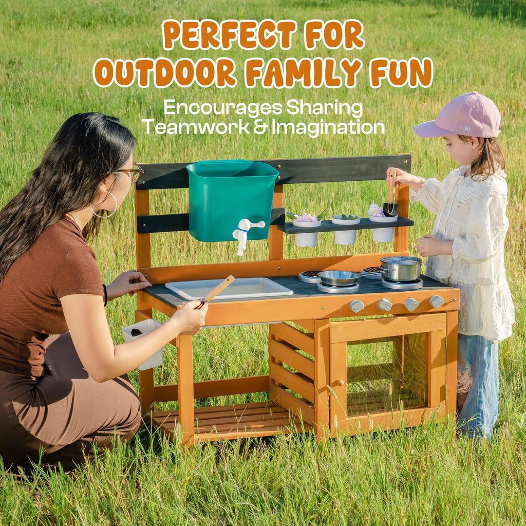 ROBUD Mud Kitchen for Kids Outdoor, BBQ Grill Solid Wood Outdoor Play Kitchen, Green Kids Mud Kitchen with Working Water Tap, Blackboard, Garden Sink, Monteeori Toys for Children Ages 3+, WH003-2