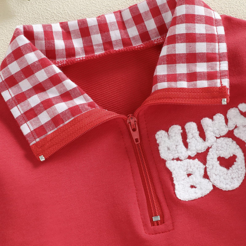 Toddler Boy Girl Christmas Outfit Quarter Zip Sweatshirt with Plaid Collar Shirt Pullover Top