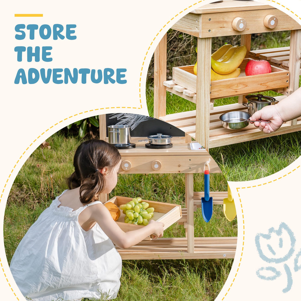 ROBUD Mud Kitchen for Kids Outdoor, BBQ Grill Solid Wood Outdoor Play Kitchen, Green Kids Mud Kitchen with Working Water Tap, Blackboard, Garden Sink, Monteeori Toys for Children Ages 3+, WH003-2