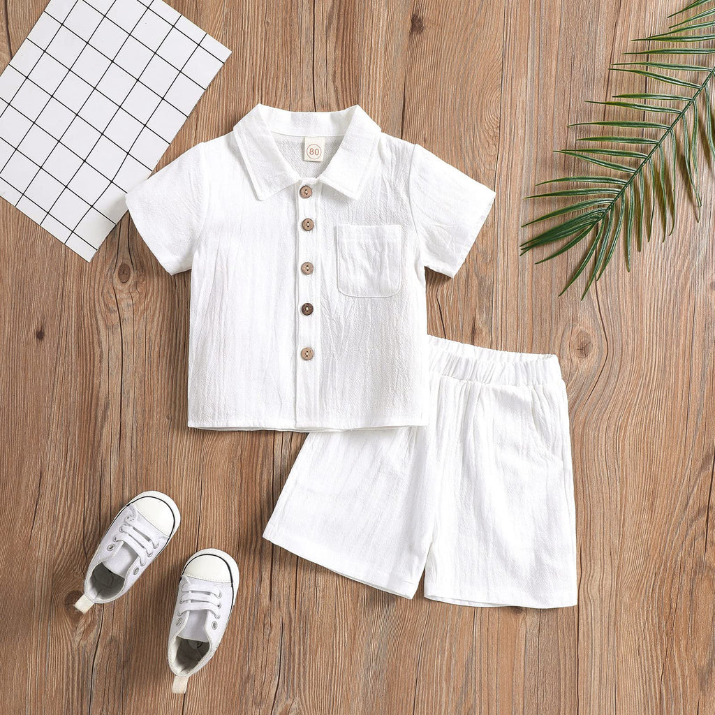 Toddler Boys Girls 2Pcs Linen Clothes Set Button Down Short Sleeve Polo Shirt+Elastic Gauze Shorts Summer Outfit
