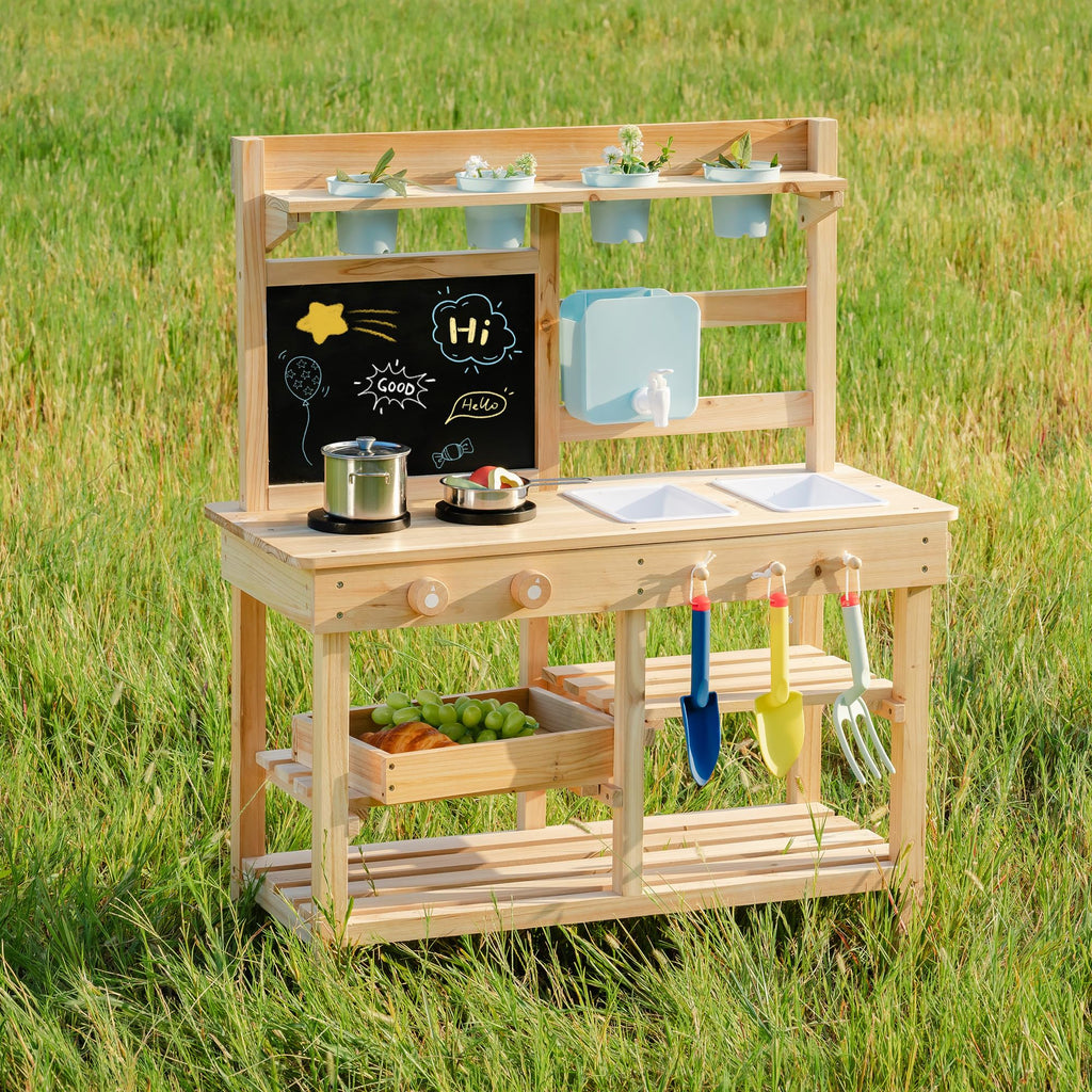 ROBUD Mud Kitchen for Kids Outdoor, BBQ Grill Solid Wood Outdoor Play Kitchen, Green Kids Mud Kitchen with Working Water Tap, Blackboard, Garden Sink, Monteeori Toys for Children Ages 3+, WH003-2