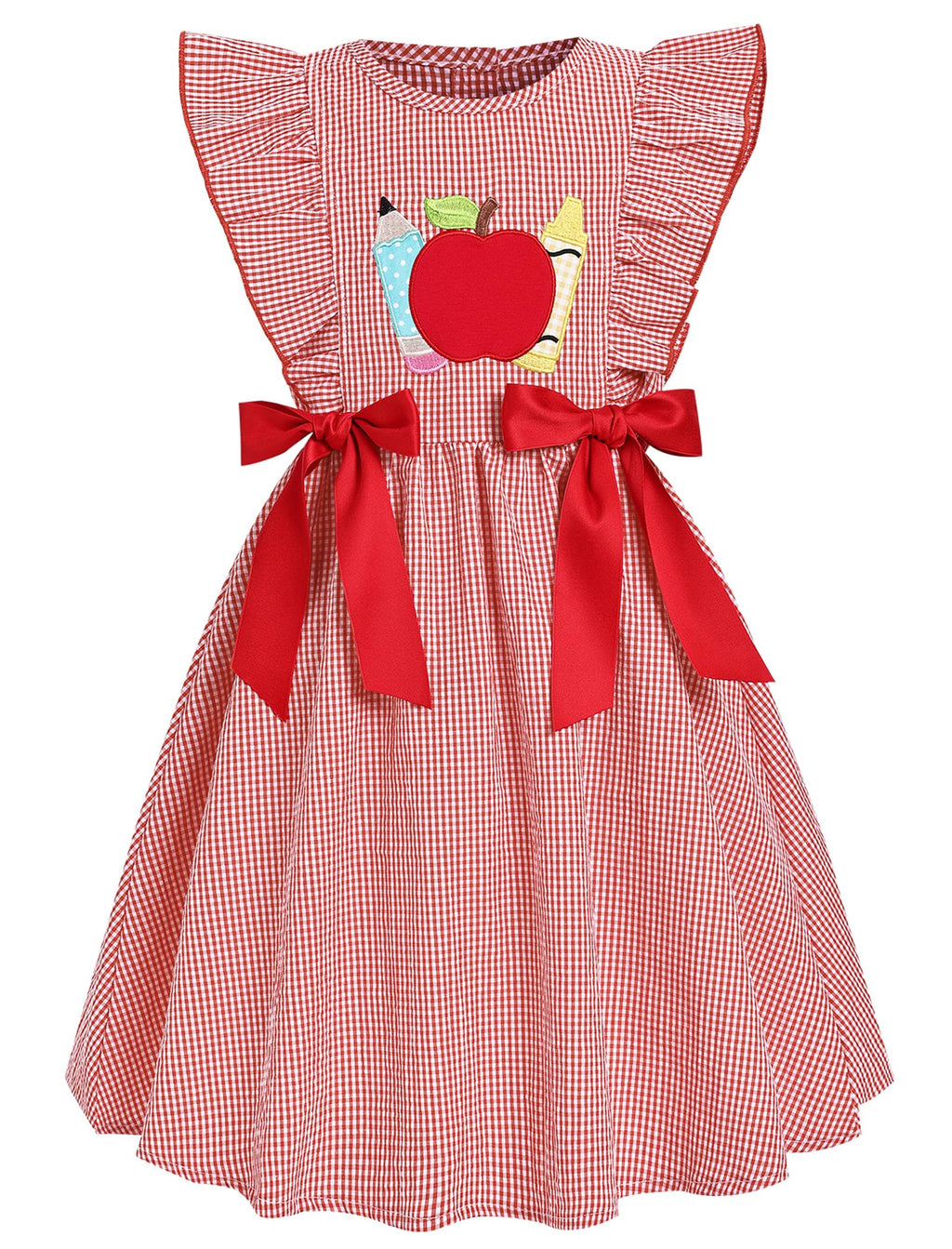 IMEKIS Toddler Kids Girls Back to School Dress, Ruffle Sleeve Embroidered Apple Pencil Kindergarten Outfit 3-8T
