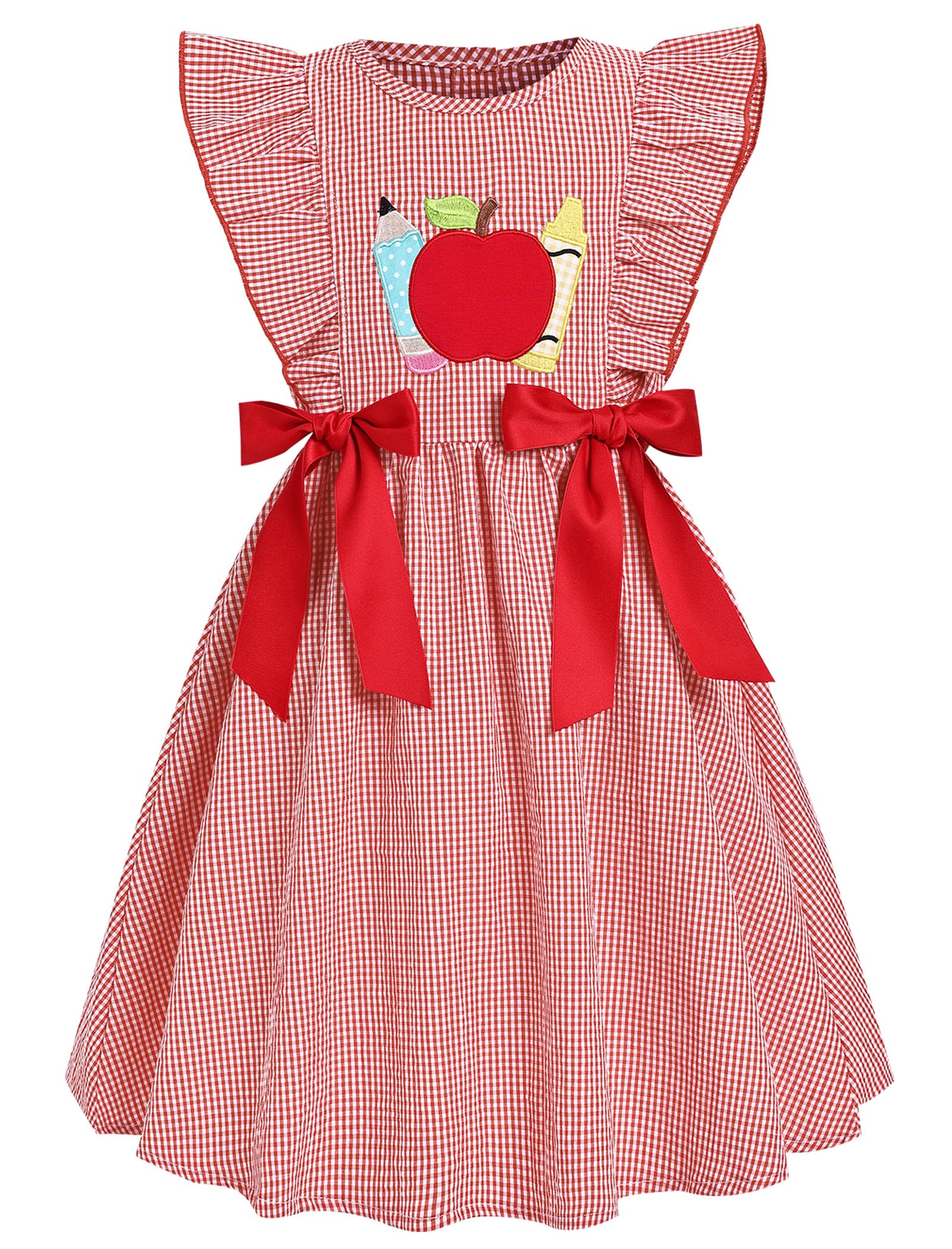 IMEKIS Toddler Kids Girls Back to School Dress, Ruffle Sleeve Embroidered Apple Pencil Kindergarten Outfit 3-8T