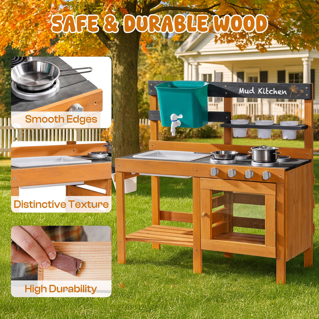 ROBUD Mud Kitchen for Kids Outdoor, BBQ Grill Solid Wood Outdoor Play Kitchen, Green Kids Mud Kitchen with Working Water Tap, Blackboard, Garden Sink, Monteeori Toys for Children Ages 3+, WH003-2